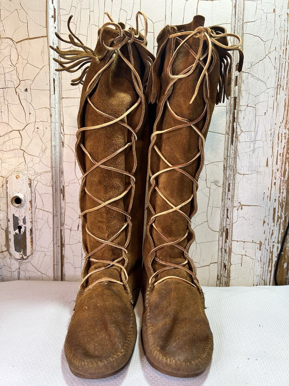 Handmade Women’s Knee-High Suede Moccasins Fringe Lace-Up 14” Shaft Tan